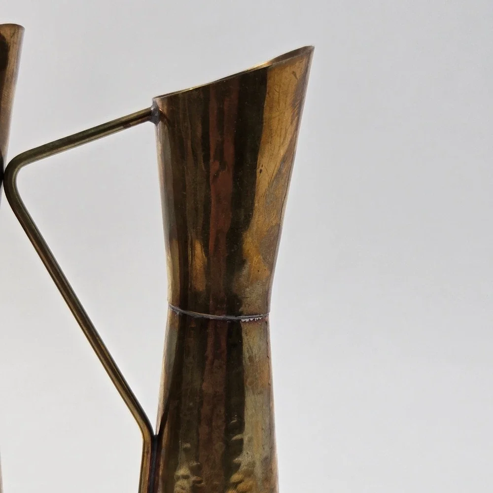 Vintage Hammered Brass Pitcher Pair Mid Century Modern Decorative Vases 7.5in